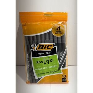 BIC 10-Pack Round Stic Xtra Life Pens – Medium Point, Black Ink, Flexible Barrel